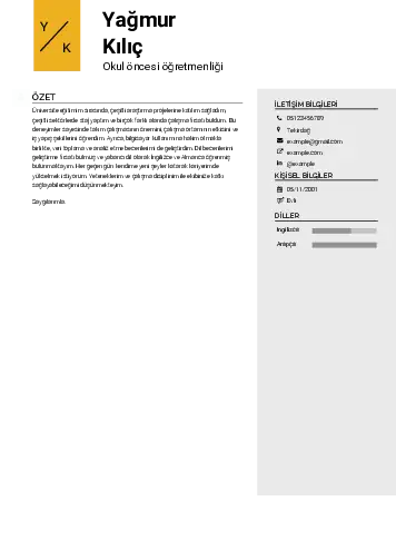 Okul Öncesi Öğretmeni Öğretmenliği Cv Örnekleri cv indir